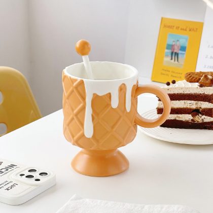 Ice Cream Ceramic Mug With Stirring Spoon, Orange