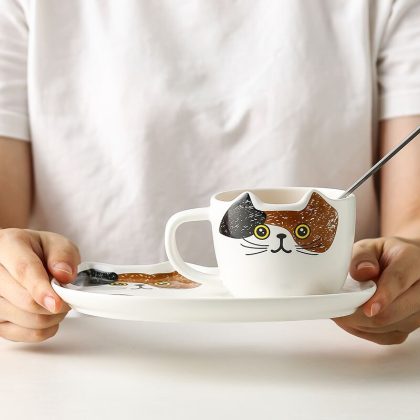 Japanese Style Cat Ceramic Mug With Tray 200ml